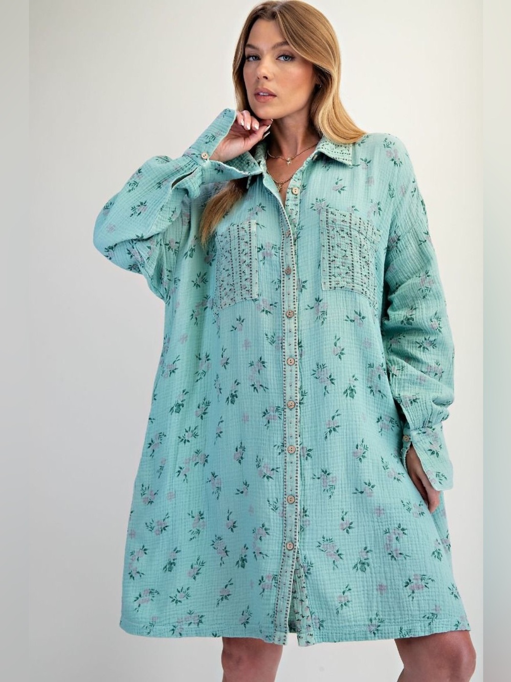 Easel Boho Shirt Dress light green gauze pocket  Floral Button-Down